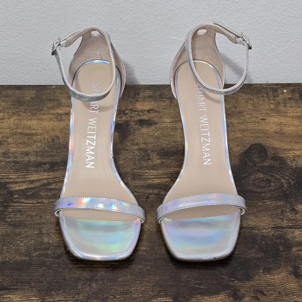Stuart Weitzman Silver Nudist Lucite Iridescent Clear Wedge Sandal Size 7 - Picture 7 of 15